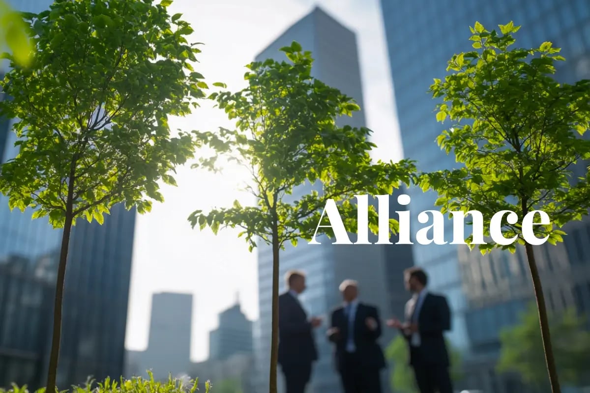 A coalition formed by Singapore, UK, and Kenya to align carbon market standards_Close-up of three young trees and three businessmen from Singapore, the UK, and Kenya, set against a modern city backdrop_visual 1