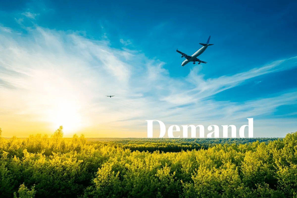 Airlines need up to 150 million carbon credits by 2026_A vast green forest stretches to the horizon under a bright blue sky, with an airplane soaring in the distance_visual 1