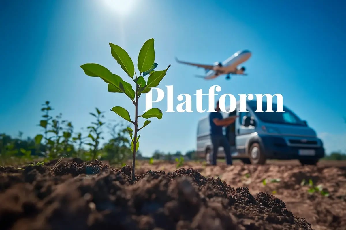 Amazon expands carbon market access with new service for businesses_A young tree sapling emerges from the soil, with an Amazon van and courier in the background_visual 1
