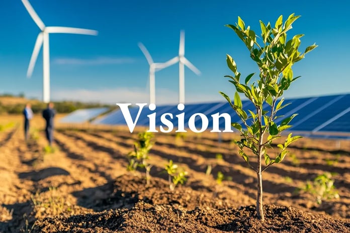 Australia sets new 2035 green goal with emphasis on carbon removals_Close-up of a newly planted tree with solar panels, wind turbines, and two businessmen_visual 1_EN