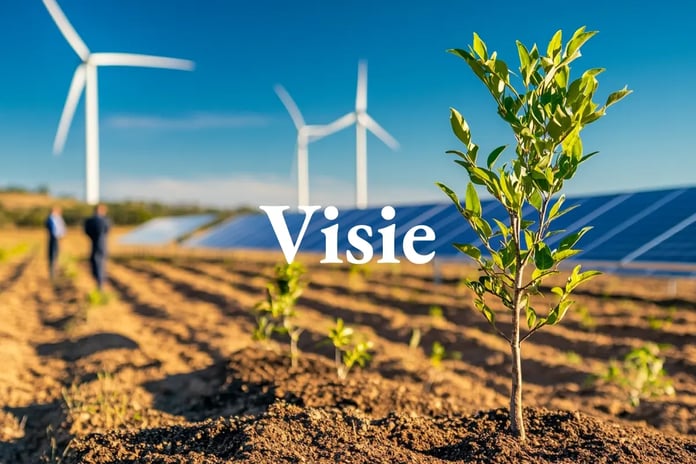 Australia sets new 2035 green goal with emphasis on carbon removals_Close-up of a newly planted tree with solar panels, wind turbines, and two businessmen_visual 1_NL
