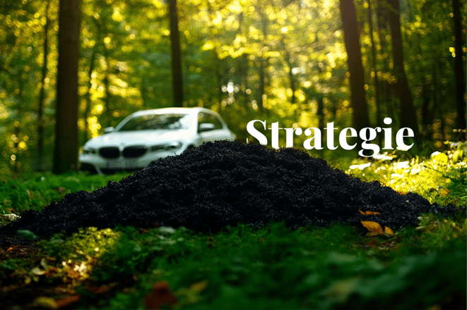 BMW retires first biochar carbon credits, plans more by 2026_A pile of biochar on green grass, with a white BMW car on a forest road in the background_visual 1_NL
