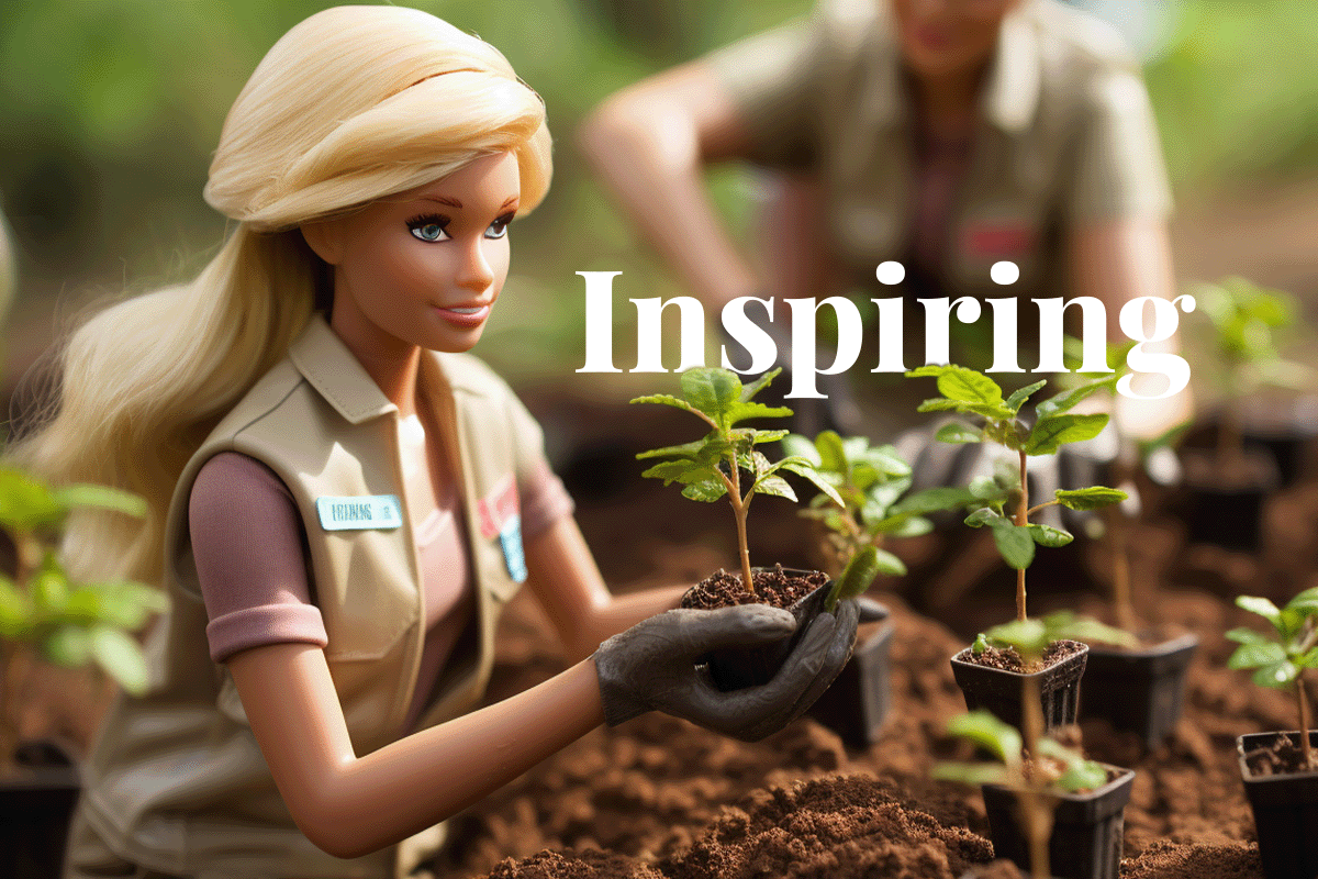 Barbie proves plastic is no longer fantastic_ Barbie planting seedlings from a tree nursery (AI generated image)_visual 1