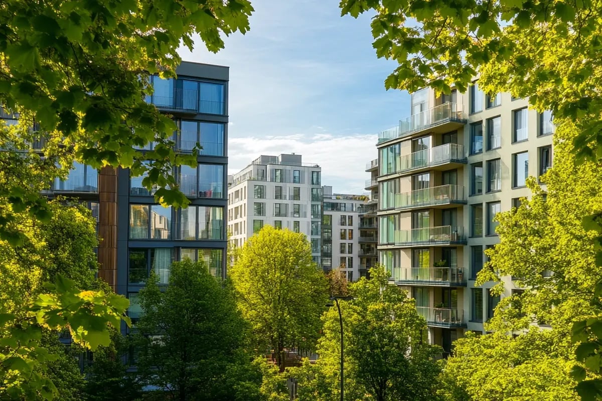 Benchmarking emissions_ What’s a good carbon footprint for my industry_ Urban view framed by trees, showing modern residential buildings_visual 3
