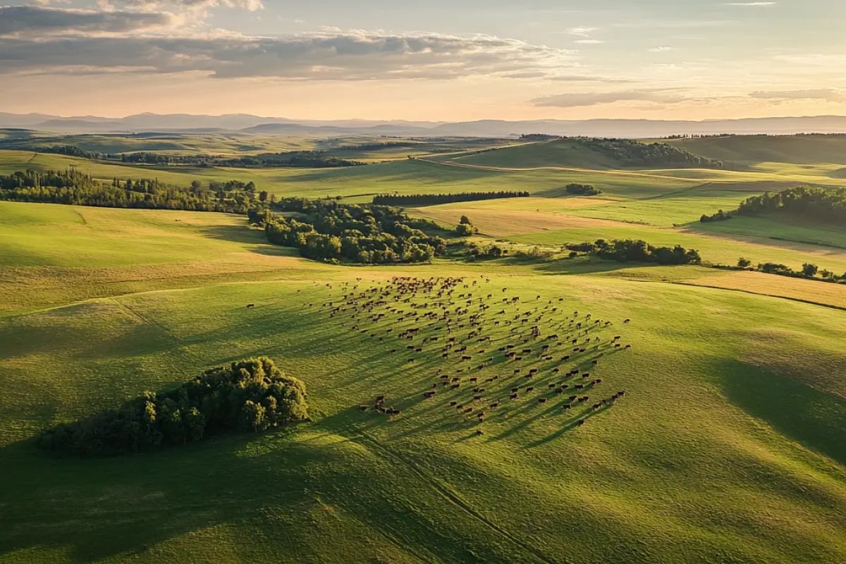 Benchmarking emissions_ What’s a good carbon footprint for my industry_Aerial view of a farm with cows grazing on rolling green hills under a bright summer sky_visual 2