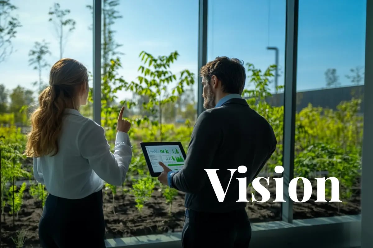 CF_Carbon footprint offsetting strategies_ how leading companies neutralise their emissions_Two office workers reviewing CO2 emission charts and compensation plans on a tablet, overlooking a newly planted fores