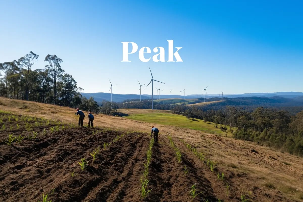 Carbon credit prices climb to four-month high in Australia_Forestry workers planting trees on an Australian hillside, with wind turbines visible in the background_visual 1