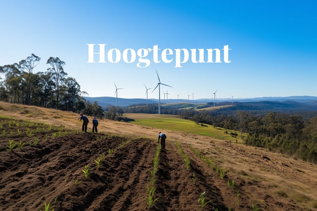 Carbon credit prices climb to four-month high in Australia_Forestry workers planting trees on an Australian hillside, with wind turbines visible in the background_visual 1_NL