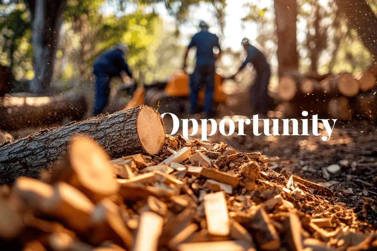 Carbon credits seen as catalyst to clear invasive trees in South Africa_Close-up of biomass from invasive trees, with logs and wood chips in the foreground and workers in a South African forest in the backgroun