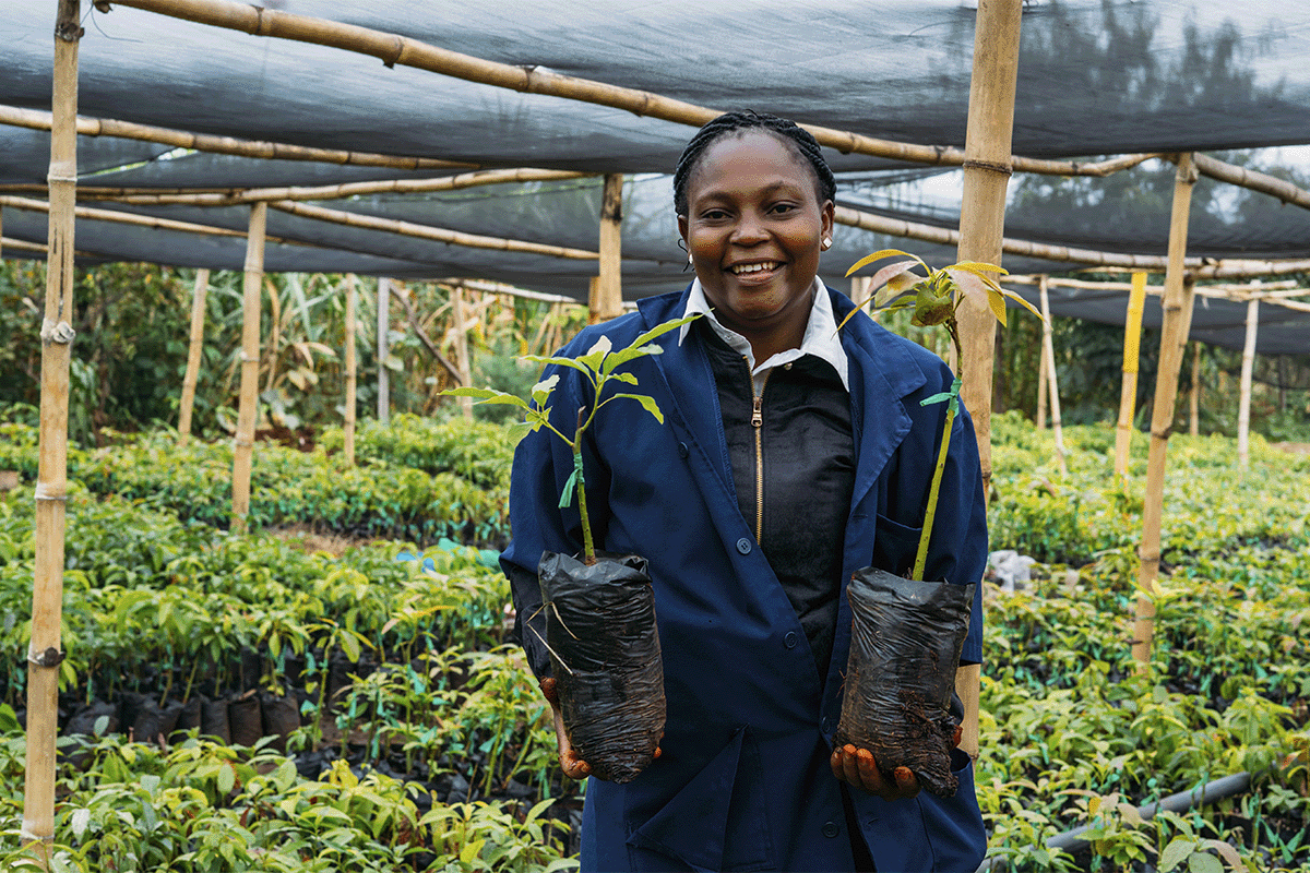 DGB Group CEO Selwyn Duijvestijn returns to Business Class_A community member with tree seedlings in a tree nursery, Hongera Reforestation Project_visual 4