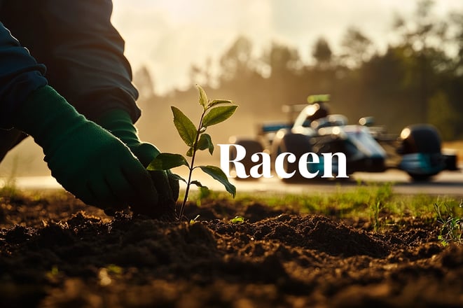 F1 team invests in nature-based carbon removal_A close-up of a forest worker planting a tree seedling, with an F1 track and a racing car in the background_visual 1_NL