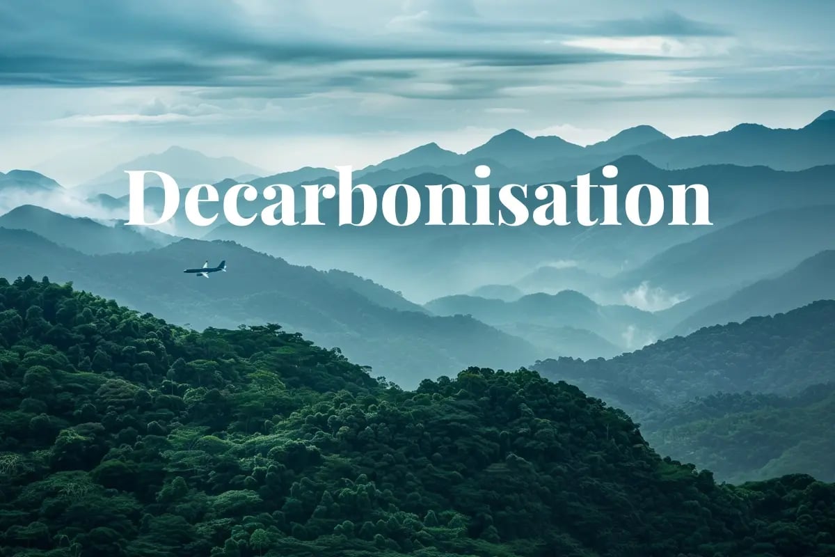 IATA raises CORSIA carbon credit demand forecast by nearly 50%_Vast forested hills with an airplane flying overhead_visual 1