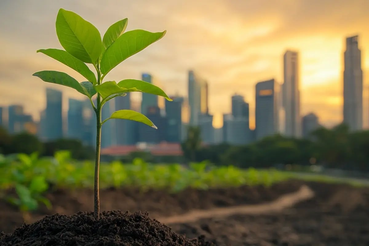 Investeren in duurzaamheid, trends en kansen wereldwijd_Close-up of a green deciduous sapling set against the Singapore skyline_visual 5