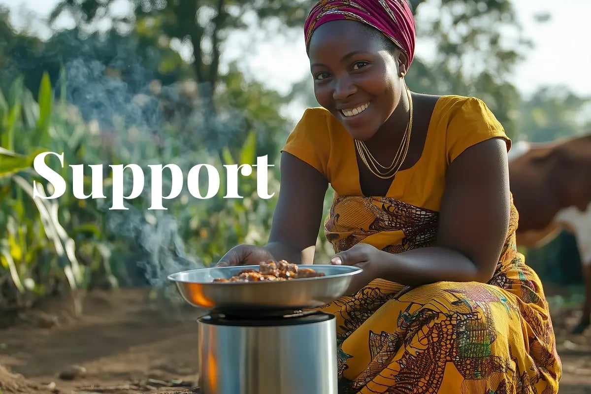 Kenya seeks $45 billion from global markets to meet 2035 emissions target_An African woman prepares a meal using an energy-efficient cookstove with a backyard in the background_visual 1