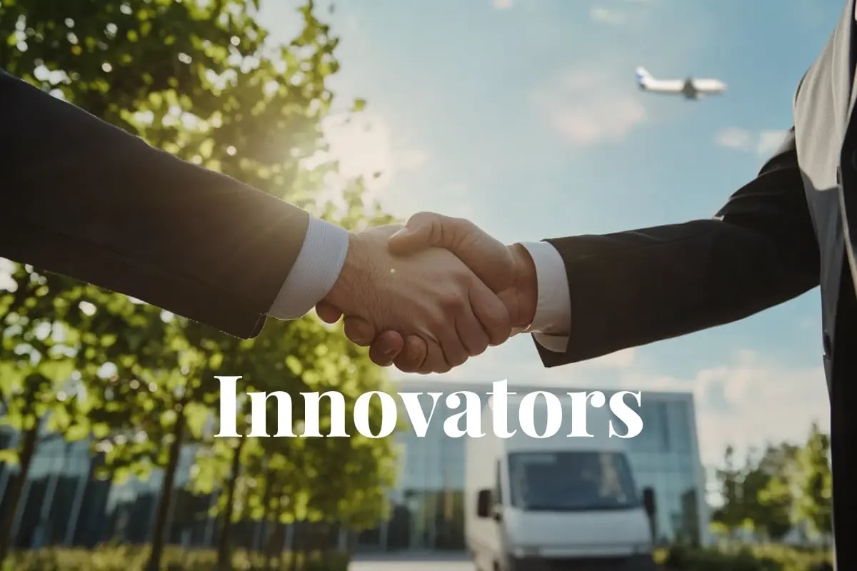 Meta seeks industrial partners to reach net-zero by 2030_Two businessmen are shaking hands as a cargo plane flies over the Meta buildings and a delivery van_visual 1