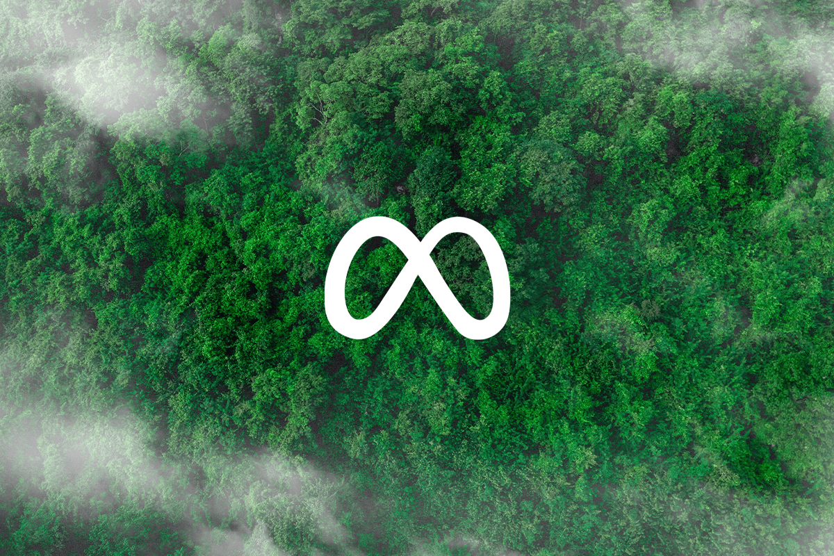 Meta’s journey to sustainability_Aerial view of green forest and Meta logo_visual 1