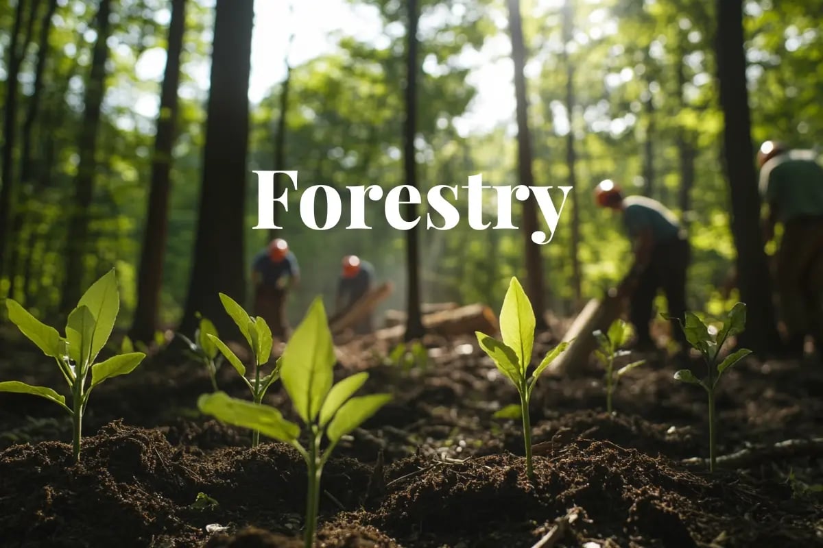 New Japan-backed venture invests in US forests for carbon and timber gains_View of young tree seedlings in the foreground with forestry workers harvesting timber in a dense American forest in the background_vis
