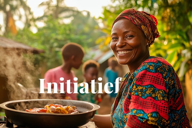 Nigeria eyes carbon revenue with nationwide cookstove rollout_A Nigerian woman cooking a meal on an energy-efficient cookstove, with her happy family playing in a green backyard_visual 1_NL