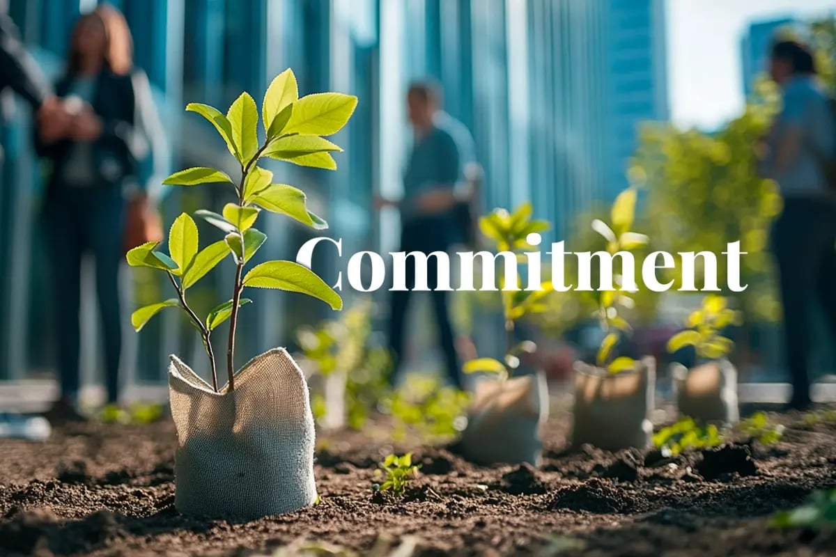 Report finds 84% of companies maintain or boost their green targets_Close-up of tree seedlings with office workers and modern buildings in the background_visual 1