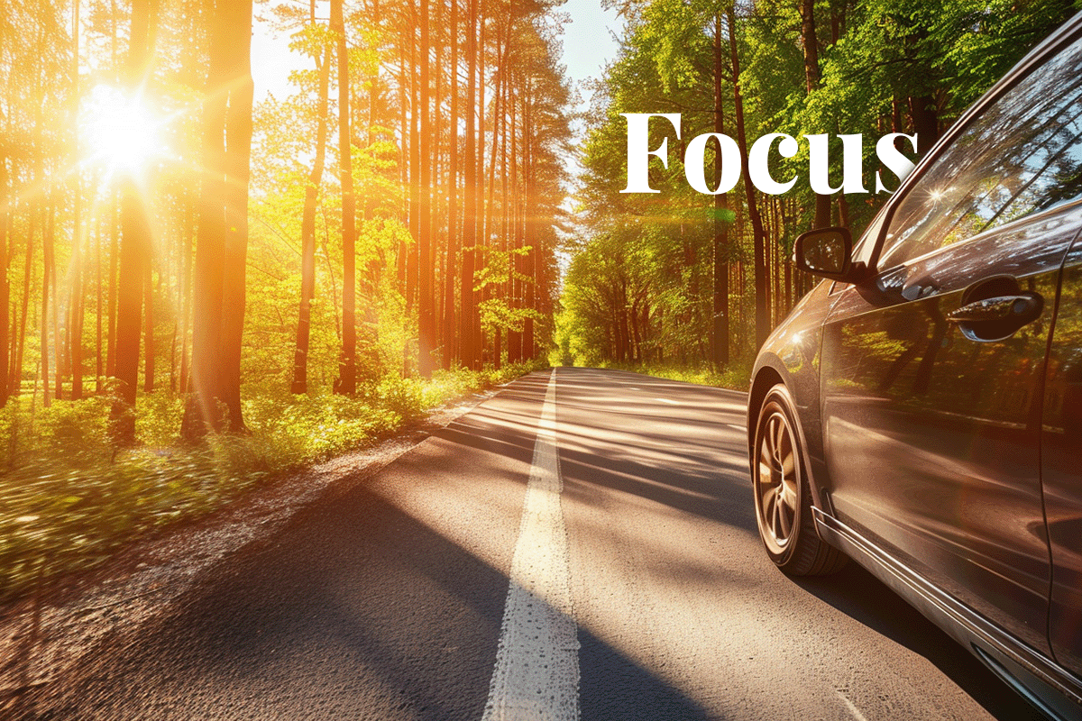 Shells enhanced focus on offsets for emission goals_A car driving on a forestry road towards the sun_visual 1