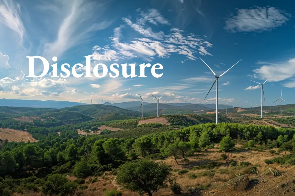 Spain mandates carbon reporting starting in 2026_Vast Spanish landscape with forests and wind turbines generating clean energy_visual 1