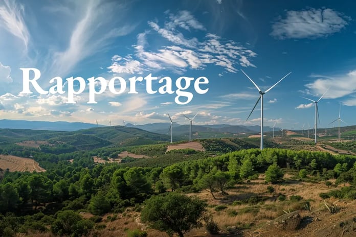 Spain mandates carbon reporting starting in 2026_Vast Spanish landscape with forests and wind turbines generating clean energy_visual 2_NL