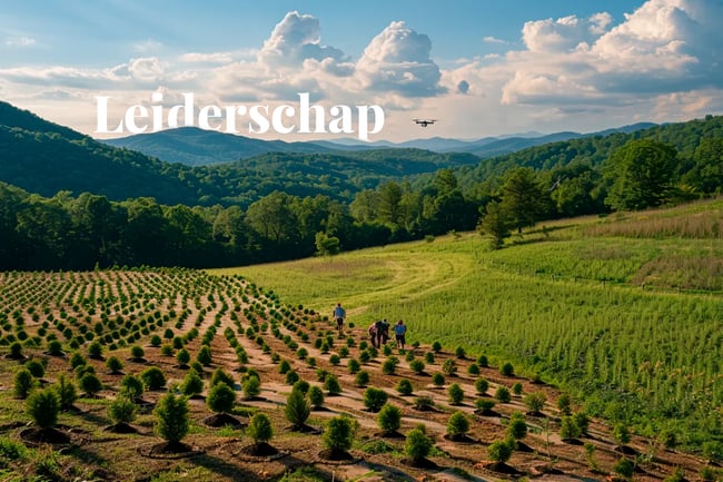 Tech giant, green giant, How Microsoft leads the way in carbon offsets_Landscape shot capturing a reforestation initiative in the Appalachian region, with local people planting trees and using a drone to collect_NL