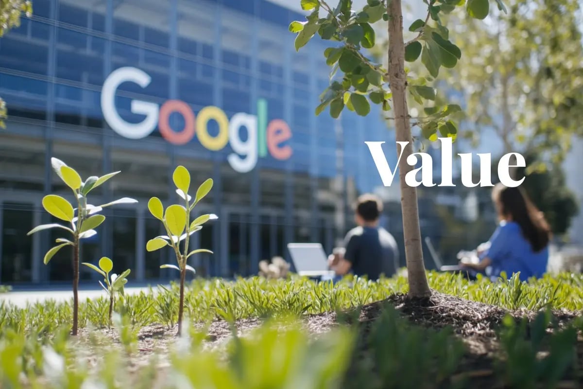 Tech giants drive up demand and prices for ARR carbon credits_A photo of young tree seedlings growing in the foreground in front of Google office buildings_visual 1