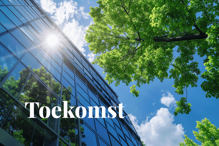 The carbon-neutral future of commercial real estate_A modern building seen from below, surrounded by trees_visual 1_NL
