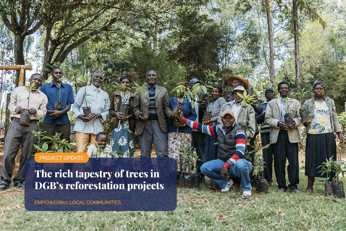 The rich tapestry of trees in DGB’s reforestation projects_Group of local people and DGB team members with tree seedlings_visual 1