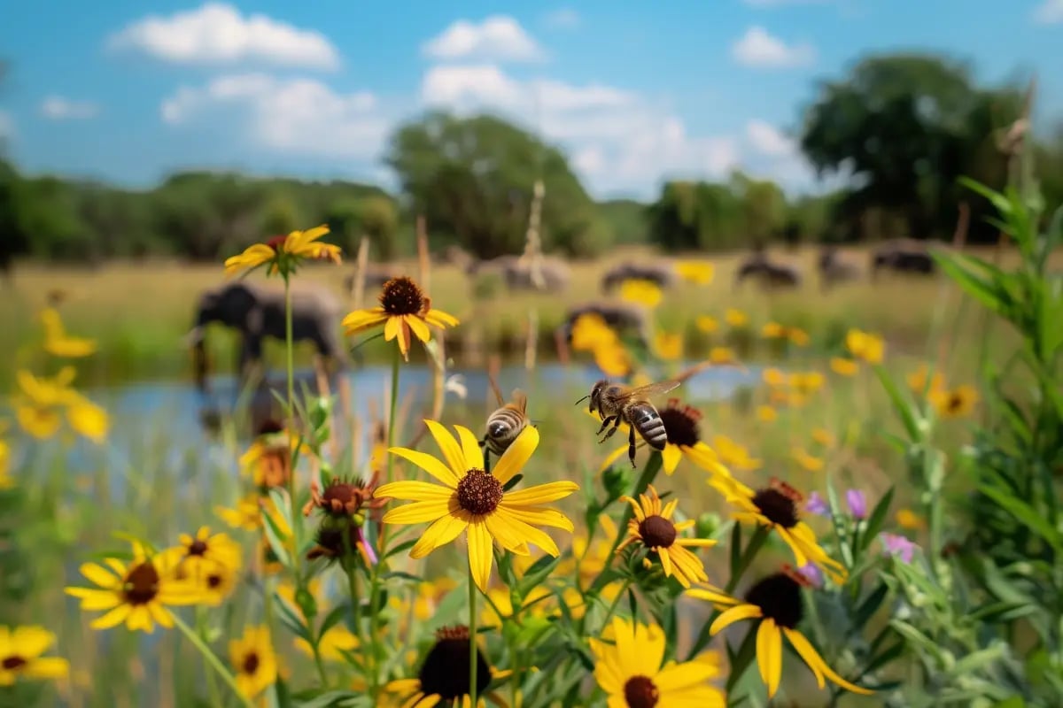Tools that help small businesses go green and grow_Close-up of a biodiverse meadow with an African landscape in the background_visual 3