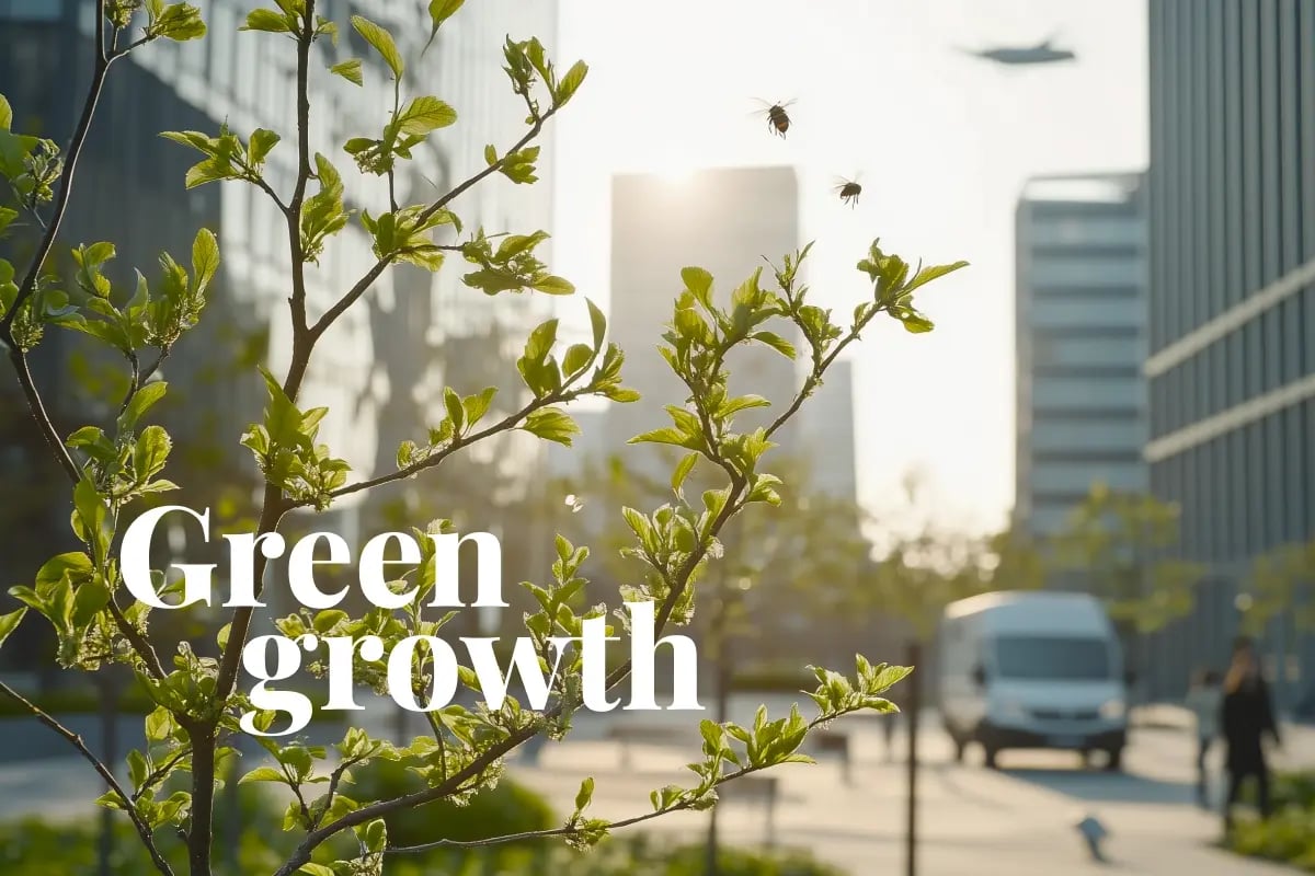 Tools that help small businesses go green and grow_Close-up of a young tree growing in front of a vibrant area surrounded by office buildings and busy people_visual 1
