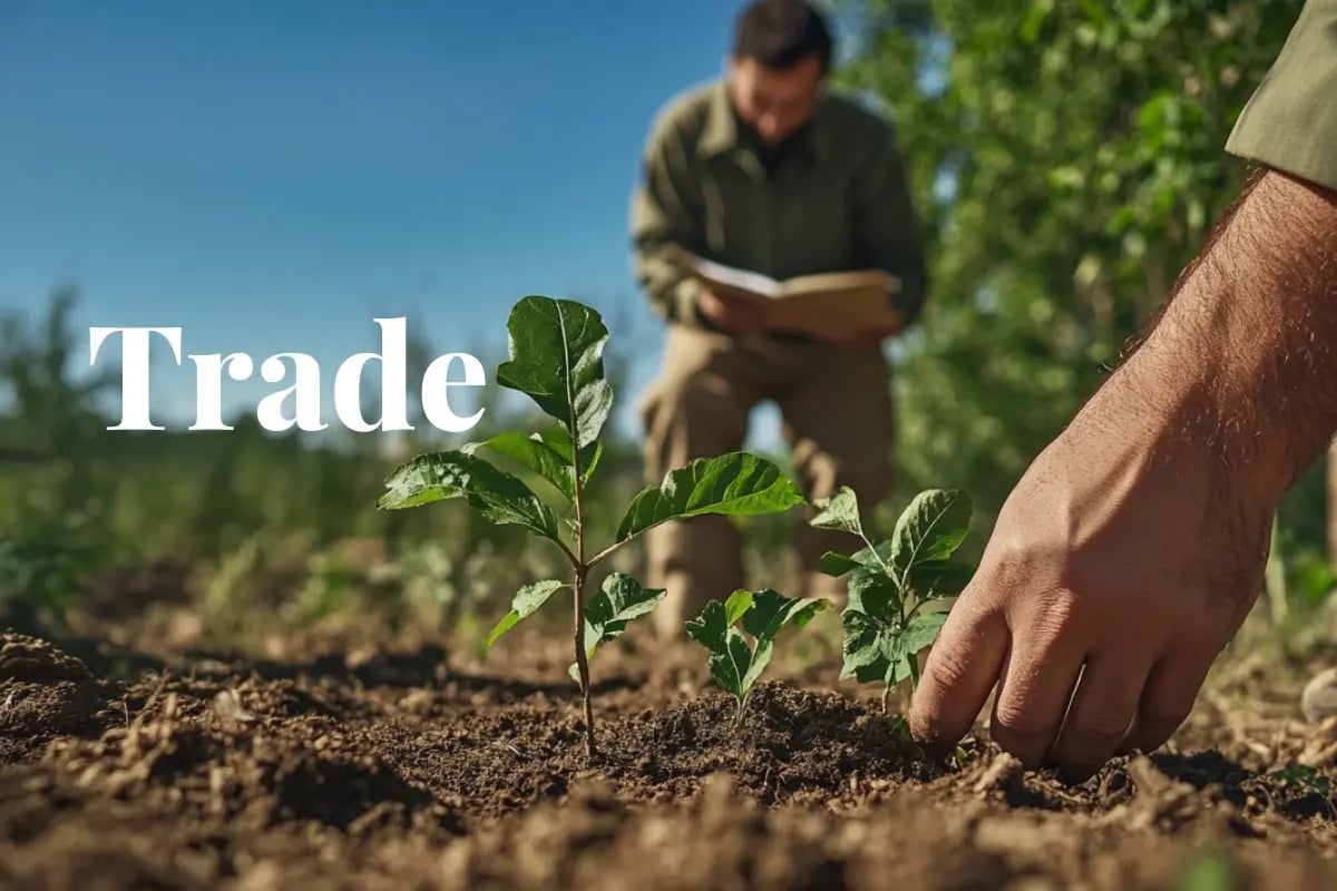 Uzbekistan establishes legal framework for carbon credit market_Men inspecting tree seedlings and checking documents in a tree nursery in Uzbekistan_visual 1