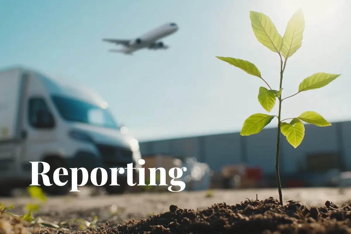 VCMI issues framework to tackle corporate Scope 3 emissions_Close-up of a tree sapling, with a delivery van, courier, and a cargo plane in the background_visual 1