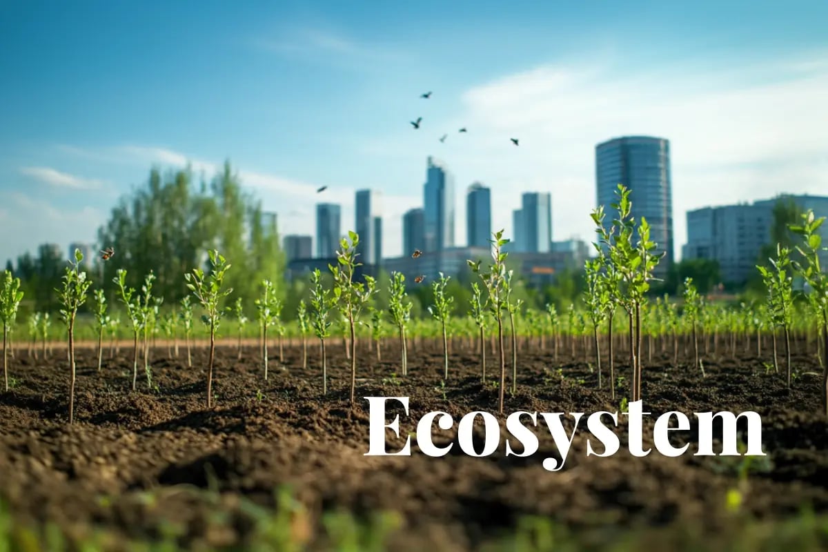 Who’s who in the carbon market_ Key institutions and frameworks and what they do_Newly planted saplings thrive near a modern city skyline_visual 1