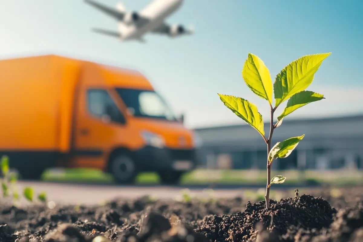 Why scope 3 emissions are your biggest blind spot—and what to do about it_Close-up of a tree sapling growing in front of a large warehouse, symbolizing sustainability in logistics_visual 3